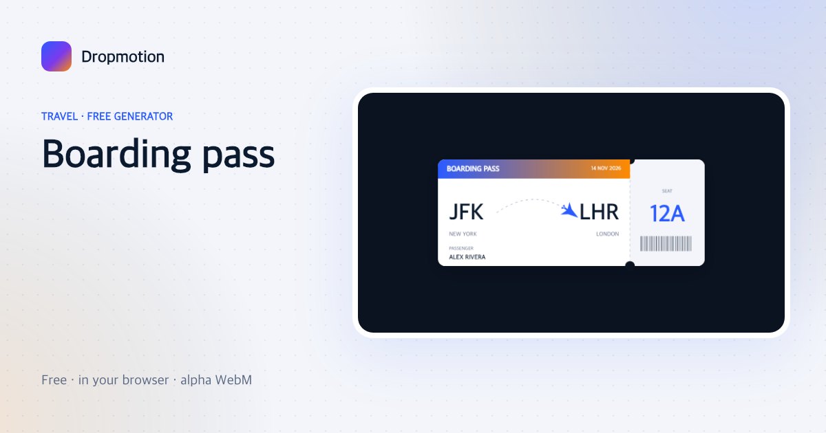 Boarding pass animation: a JFK to LHR ticket with seat 12A, a barcode stub and a plane on a dotted route