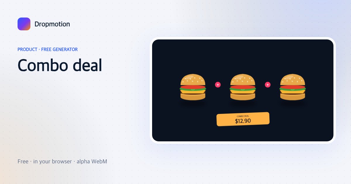 Combo deal animation: a burger, fries and drink sliding together with plus signs and a combo price tag