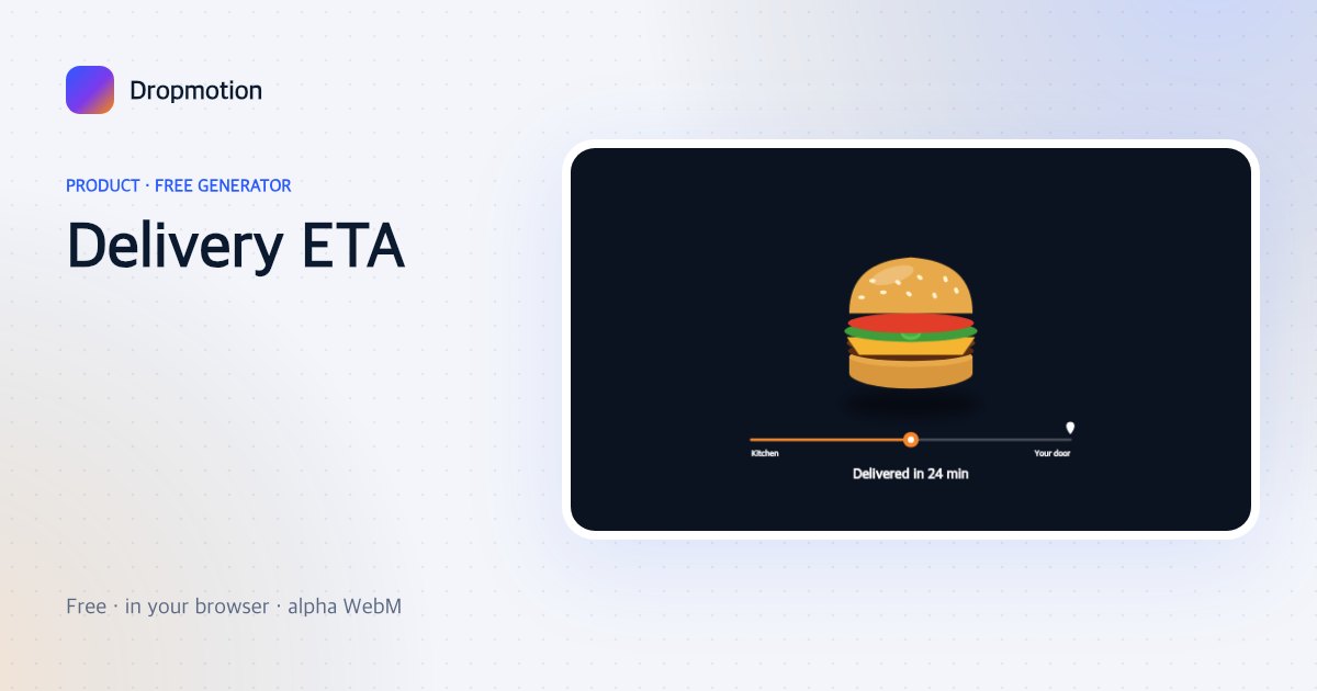 Food delivery animation: a dish above a tracker bar with a scooter dot moving from kitchen to door