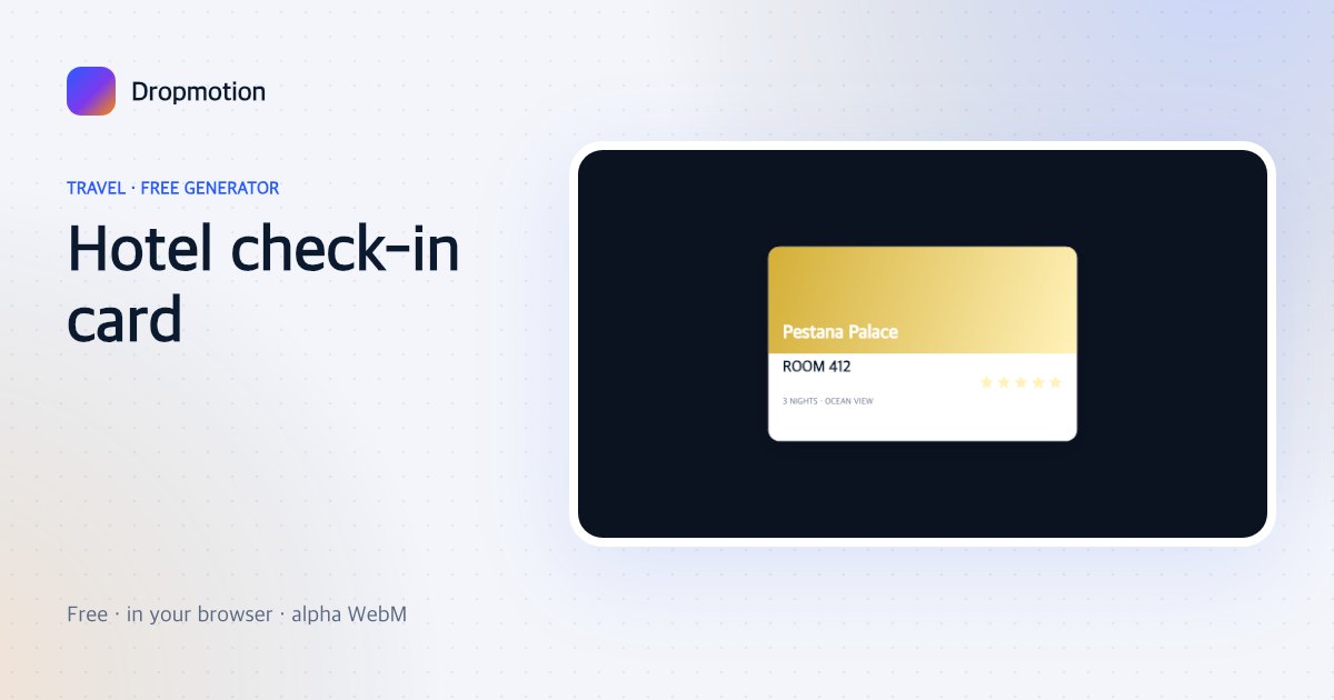 Hotel key card animation flipping in with a hotel name, Room 412, 3 nights ocean view and a five-star rating