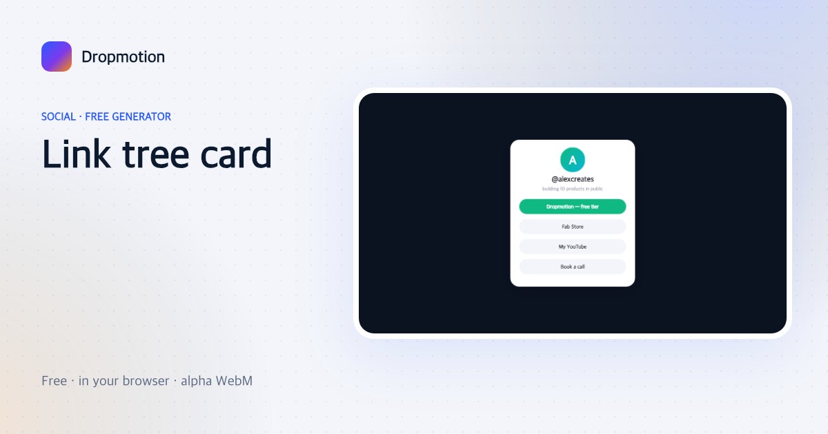 Link in bio mockup: phone-sized card with avatar, name, bio and stacked link buttons popping in