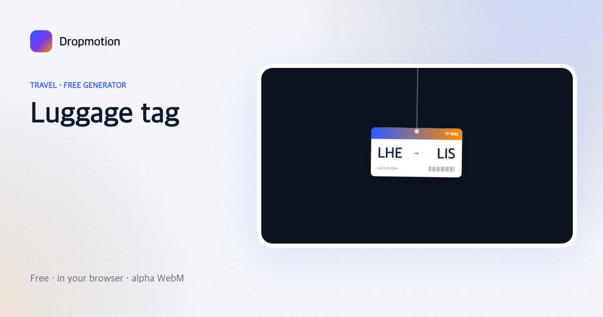 Luggage tag animation swinging on a cord with airport codes, a flight number and a passenger name