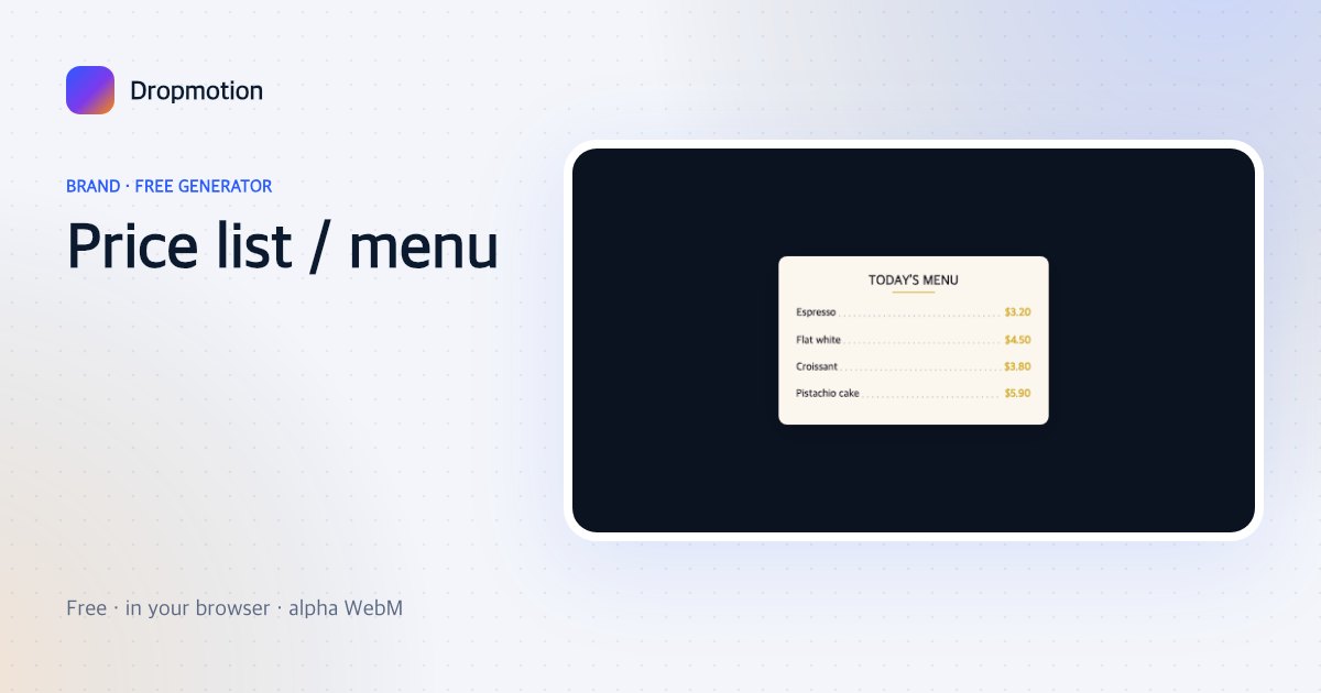 Animated price list: menu items and prices sliding onto a card with dotted leader lines