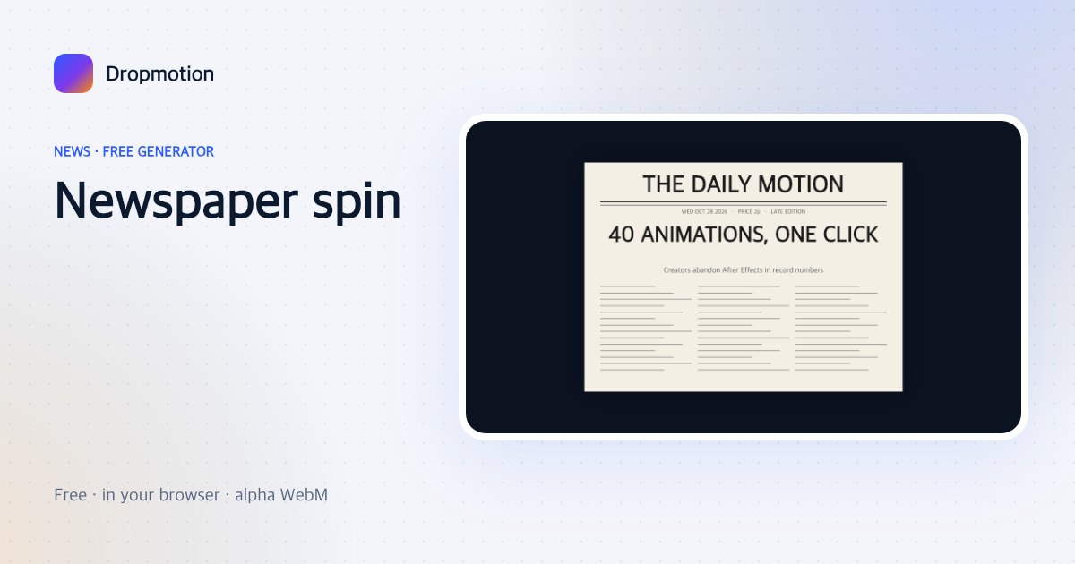 Spinning newspaper effect: a front page spins in and lands flat with a custom masthead, headline and photo