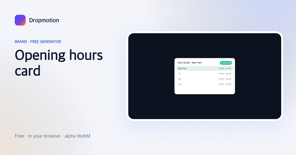 Opening hours template: a weekly hours card with today highlighted and an OPEN pill