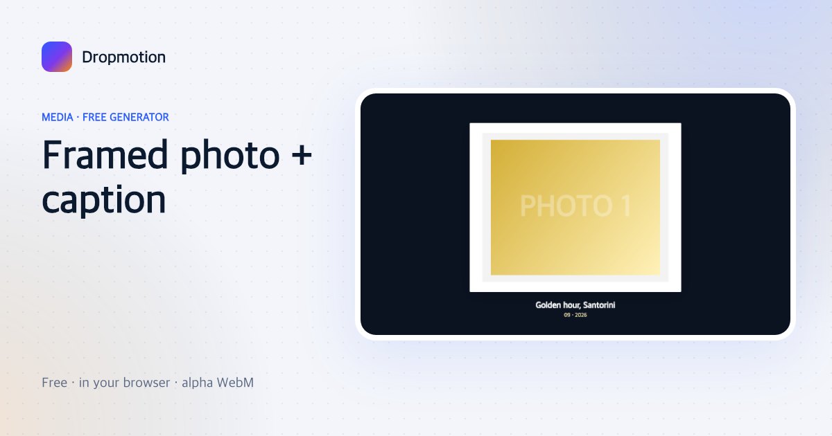 Photo frame animation showing one photo in a thick frame with a title and date fading up below