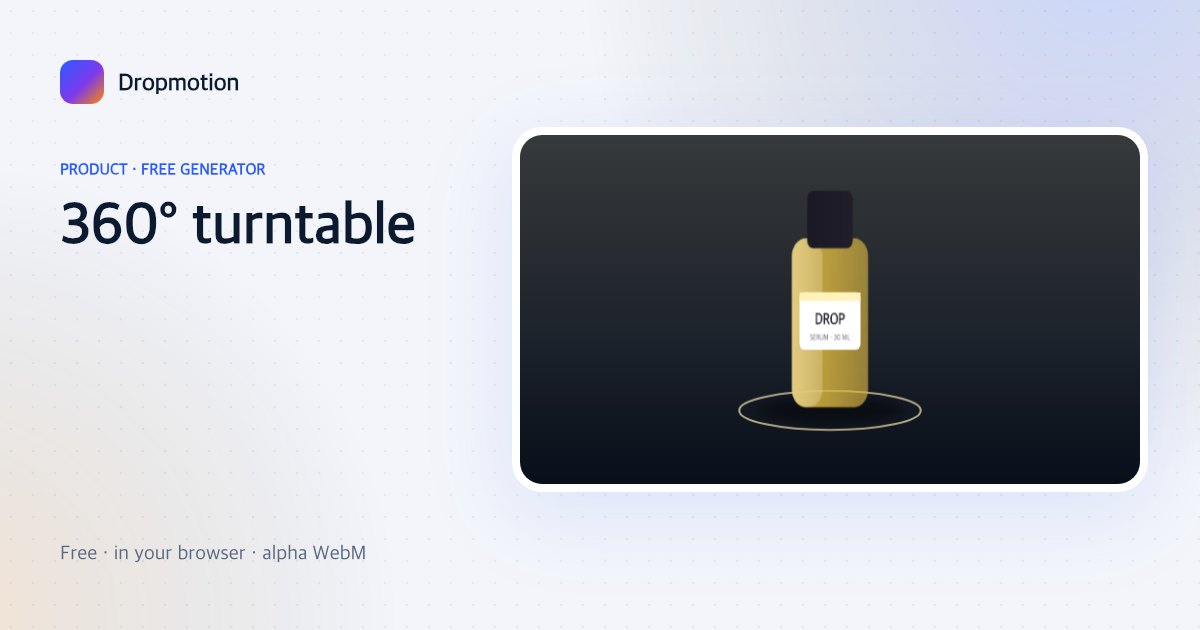 Product spin animation: a bottle turning on a turntable ring with a sweeping highlight and floor shadow