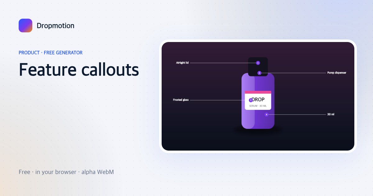Product infographic animation: numbered dots on a product with leader lines drawing out to feature labels