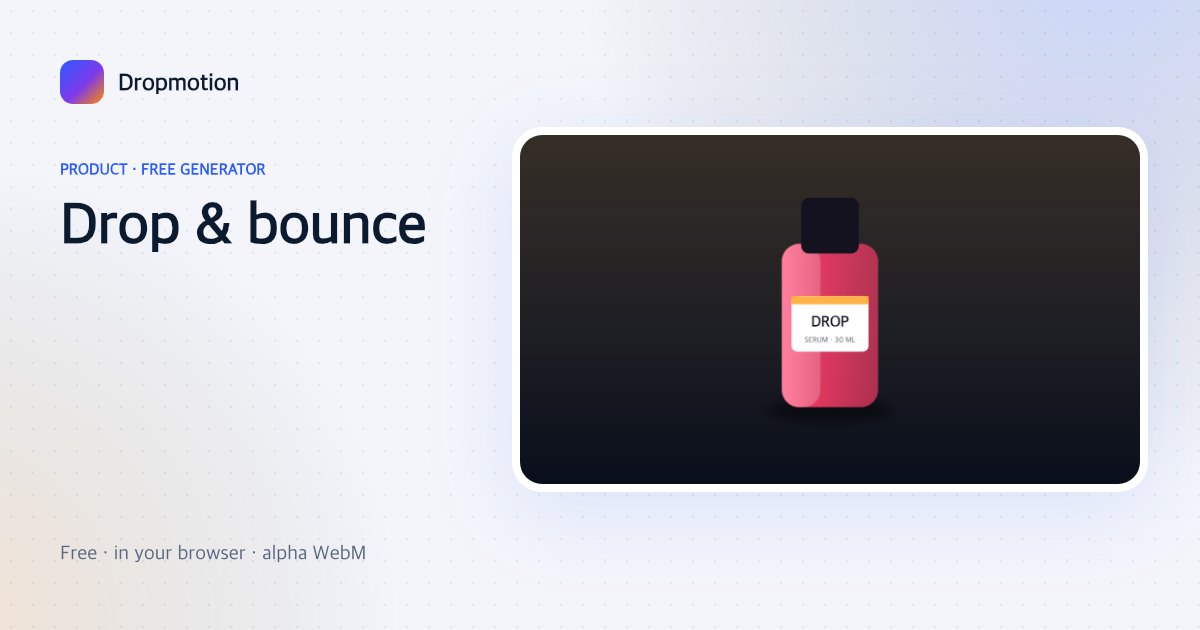 Product drop animation: a bottle falling onto the floor and squashing on impact with a dust puff