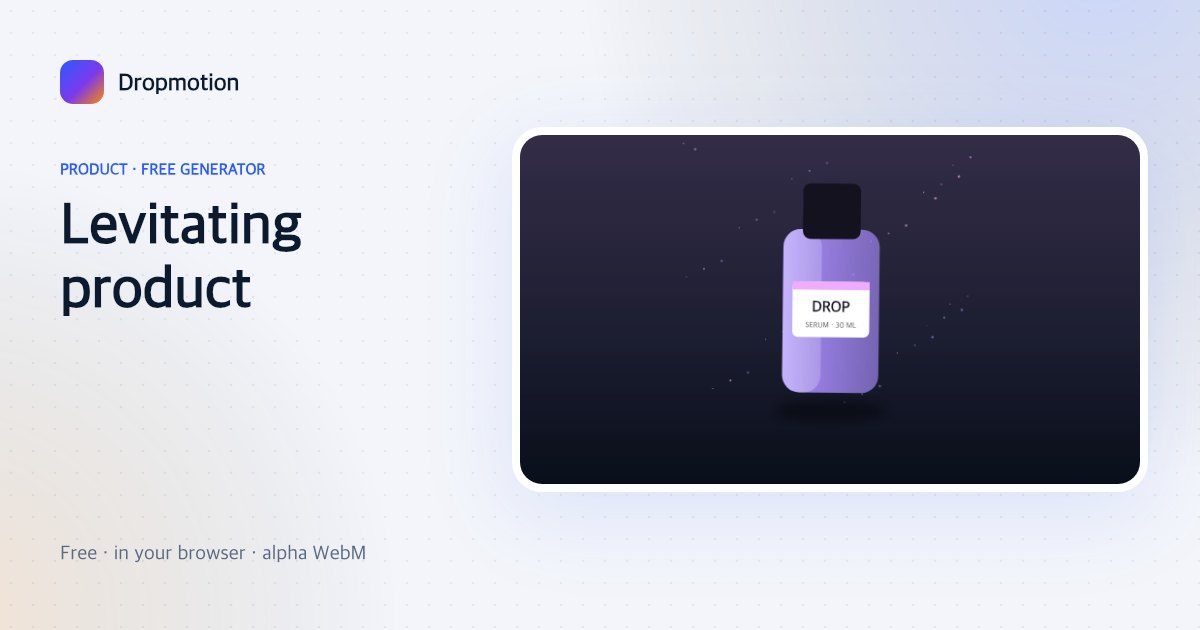 Floating product animation: a cosmetics bottle levitating over a soft shadow with rising particles