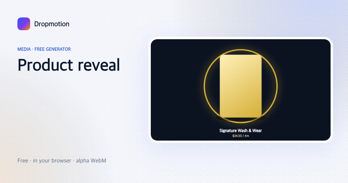 Product reveal animation with a product photo rising on a glowing ring above its name and price