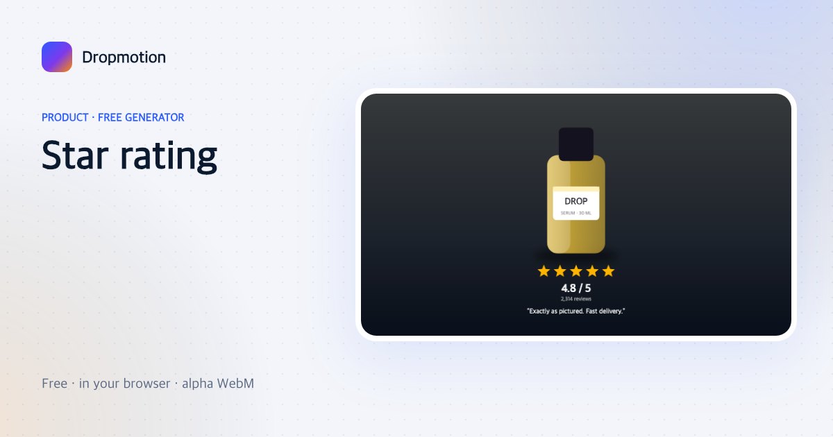Product review animation: stars filling under a product with a 4.8 rating, review count and quote