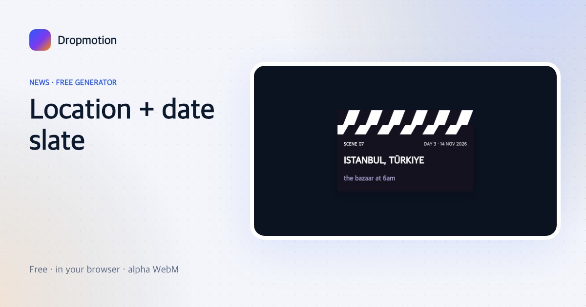 Clapperboard animation slate showing a location, date, scene number and title as a vlog chapter opener