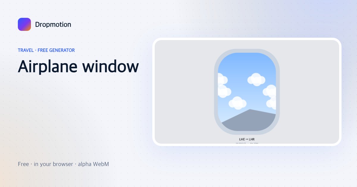 Airplane window animation: clouds drift past a cabin window with a wing and a flight-info overlay below