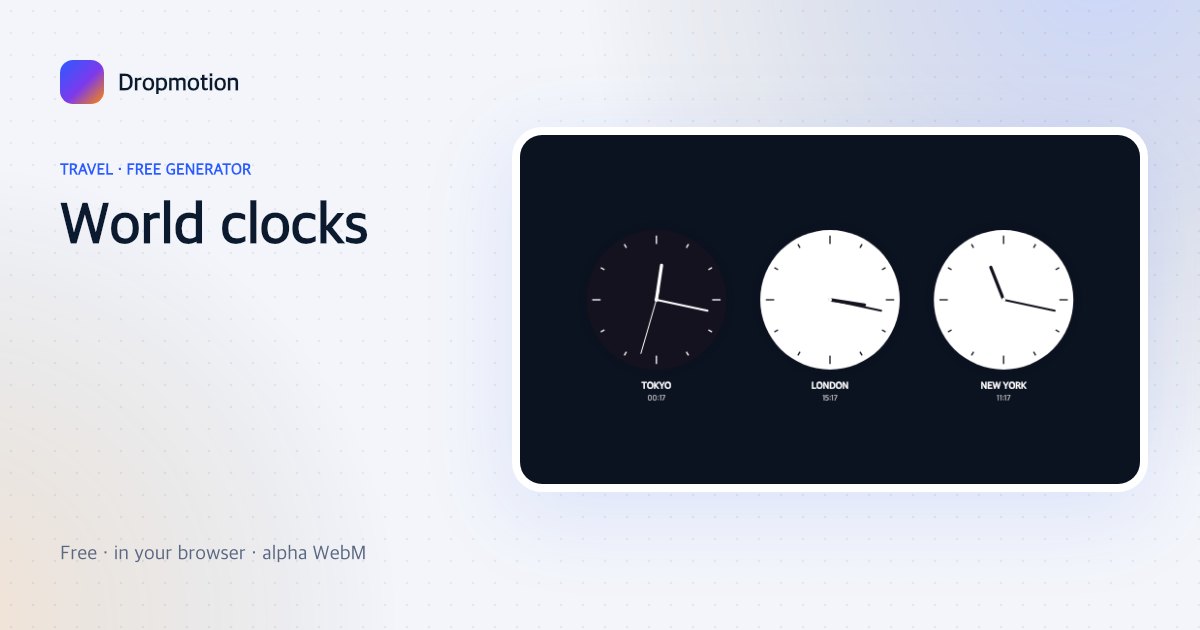 World clock animation with three analog clocks ticking for Tokyo, London and New York time zones